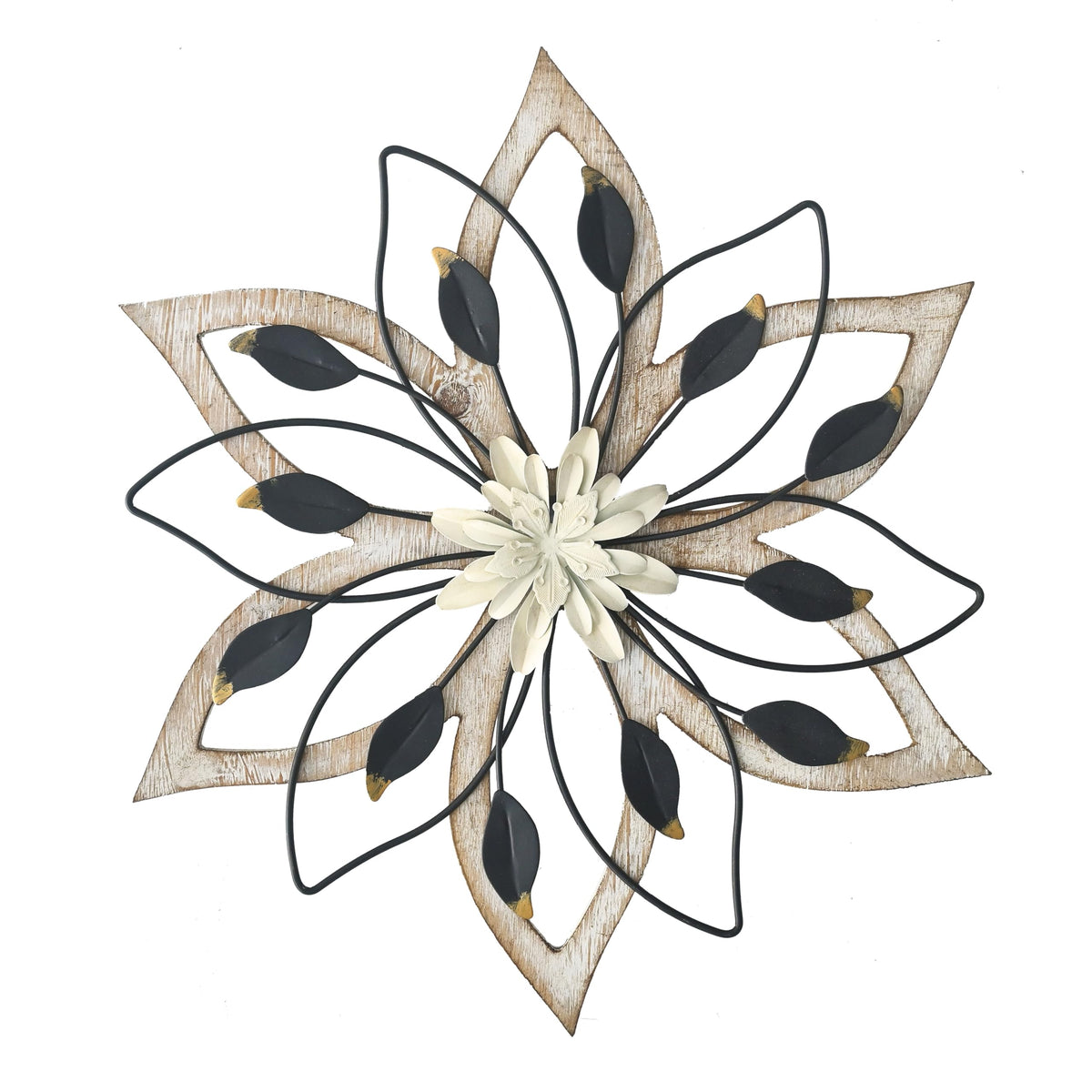 Remenna whitewash flowers wall decor with layered metal petals adds dimension to living spaces.