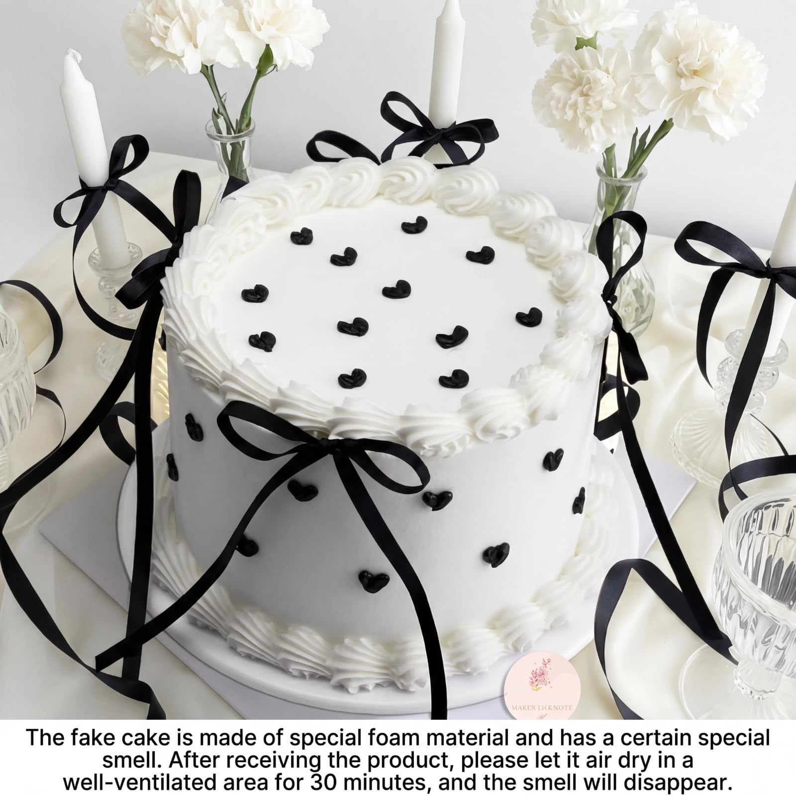 Remerry lifelike white cake replica with black bow for bakery displays