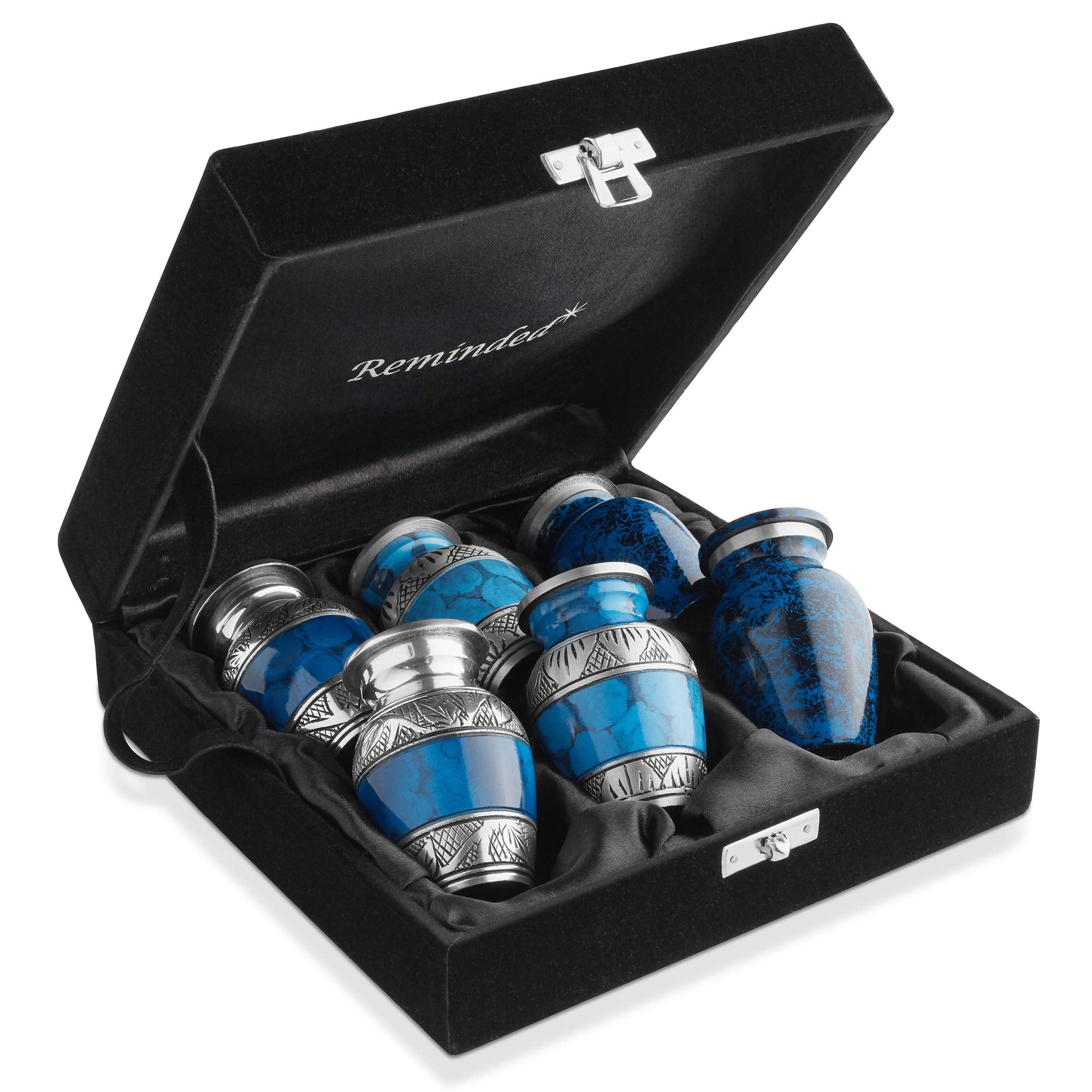 Reminded small urns in blue and silver with velvet case, ideal for lasting memory protection