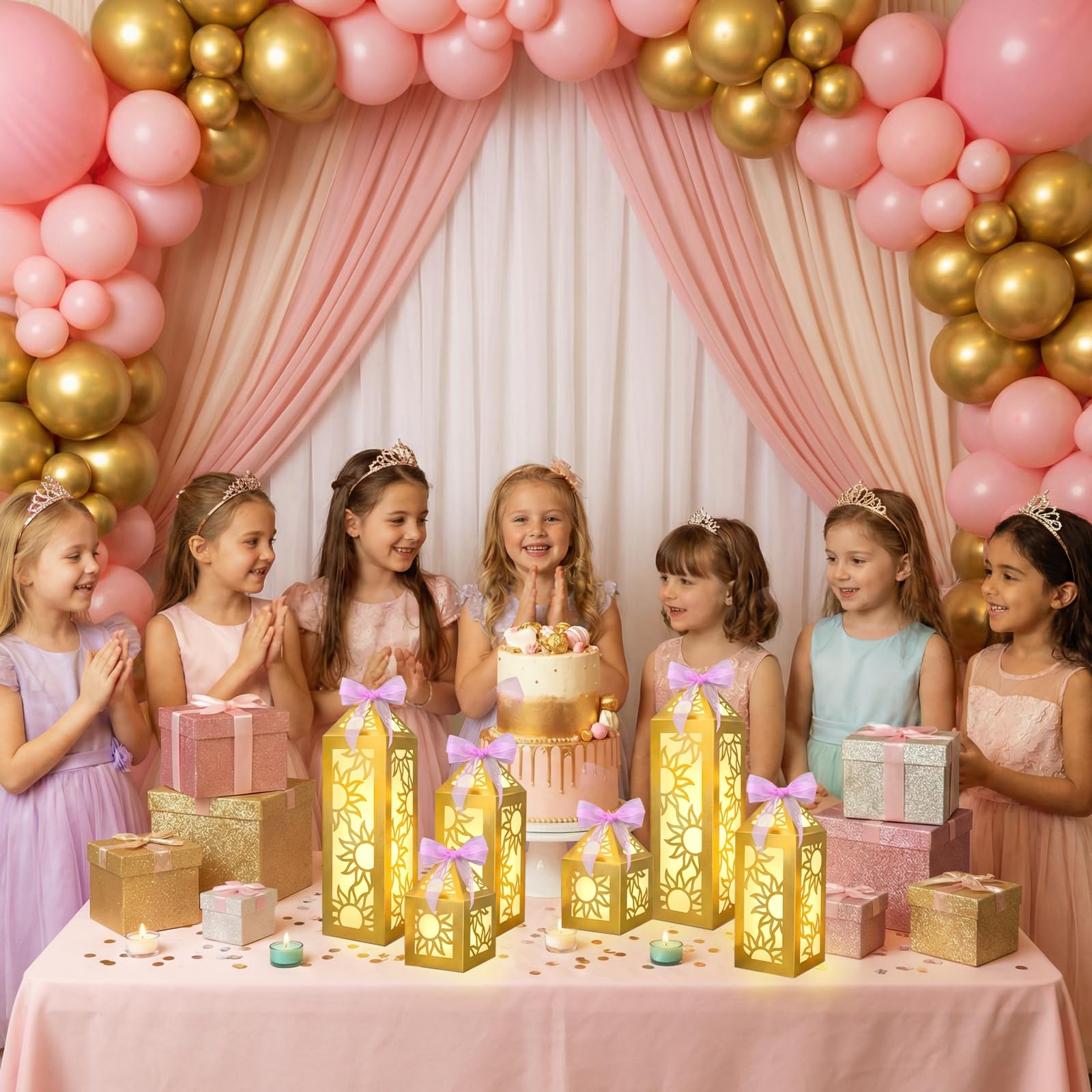 Renbuzhu gold sun decor lighting elevates princess party tables.