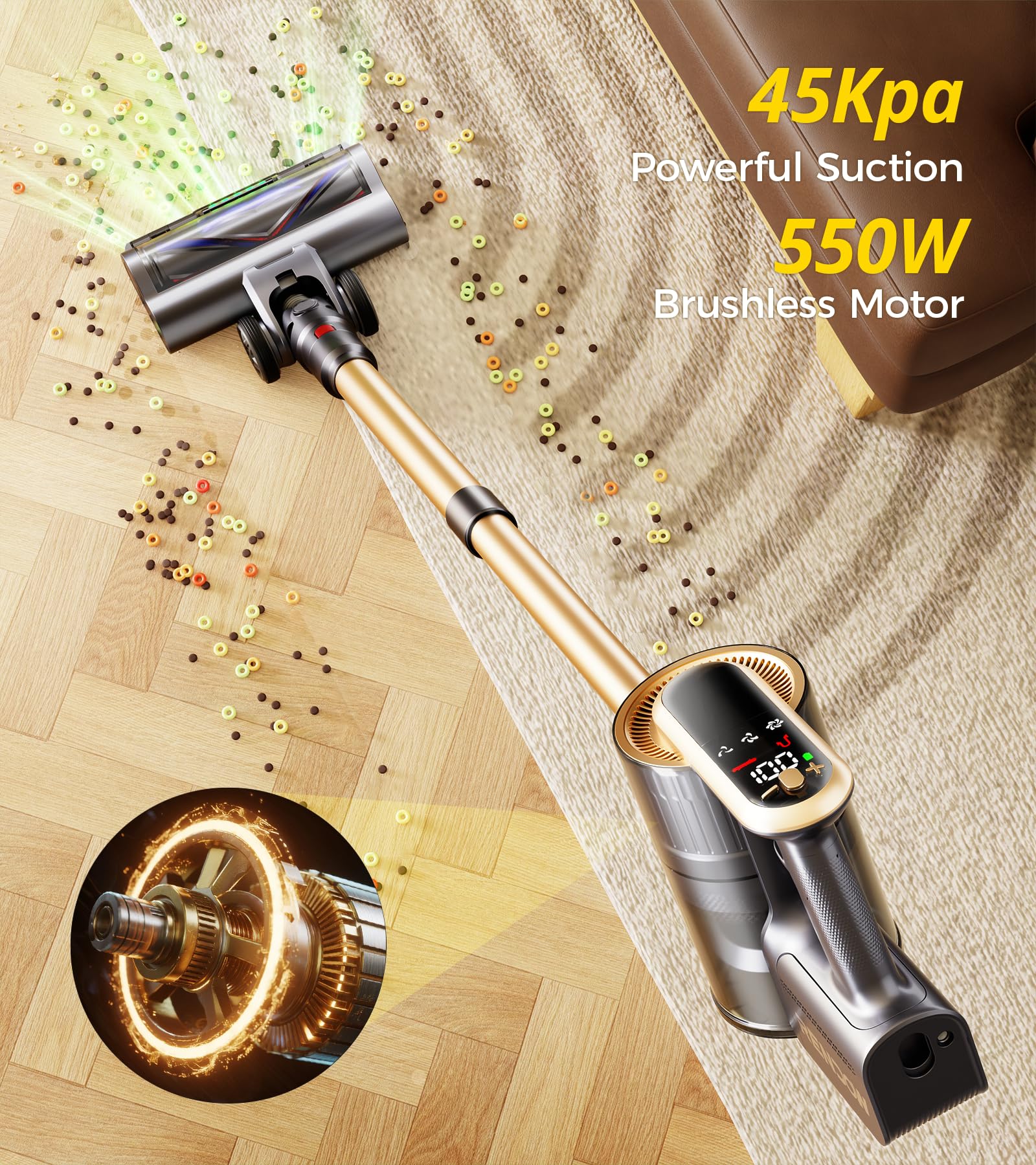 RENDOW 45kPa suction power tackles pet hair on hard floors.