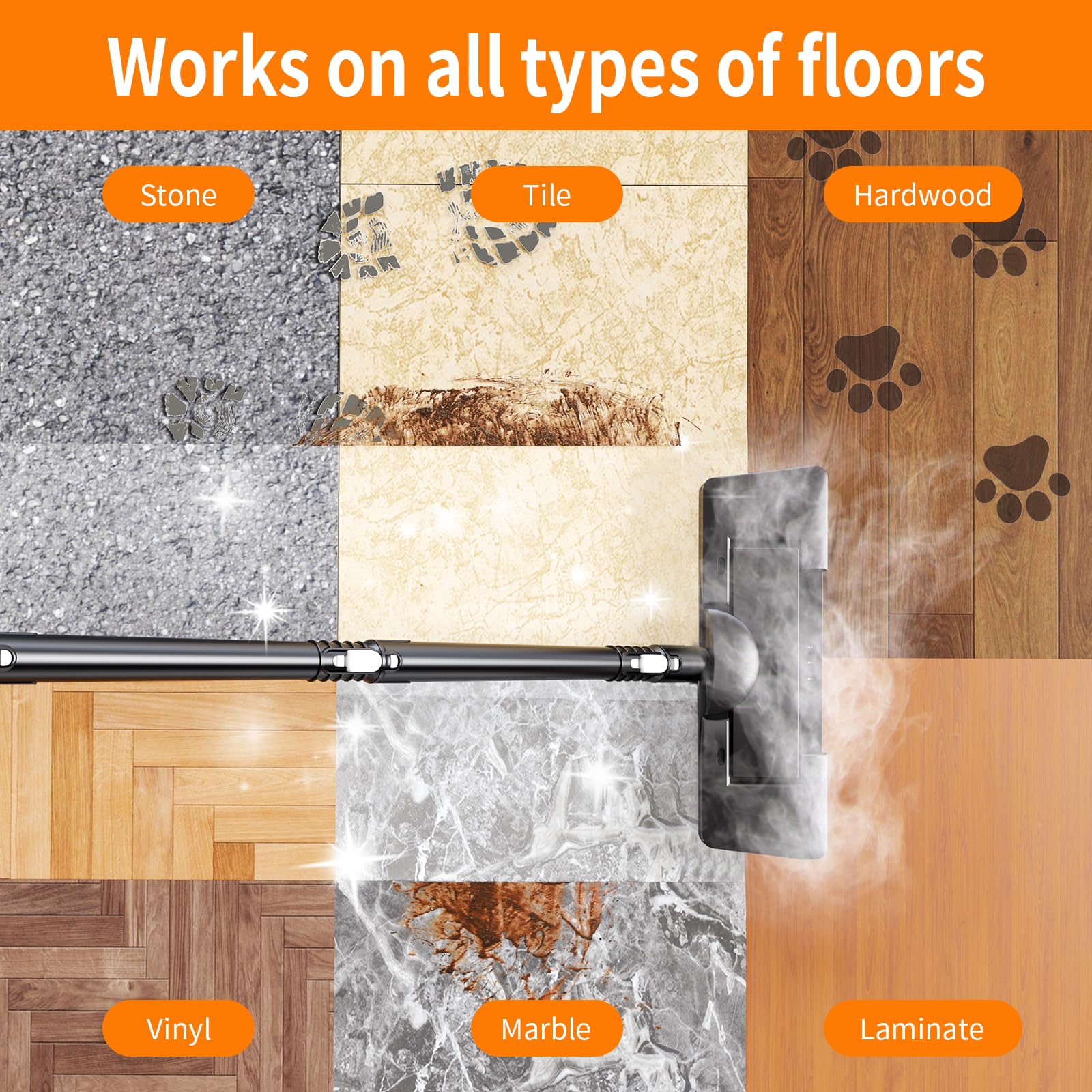 RENVADOLIX high-temperature steam at 110°C deep-cleans grout and grime.