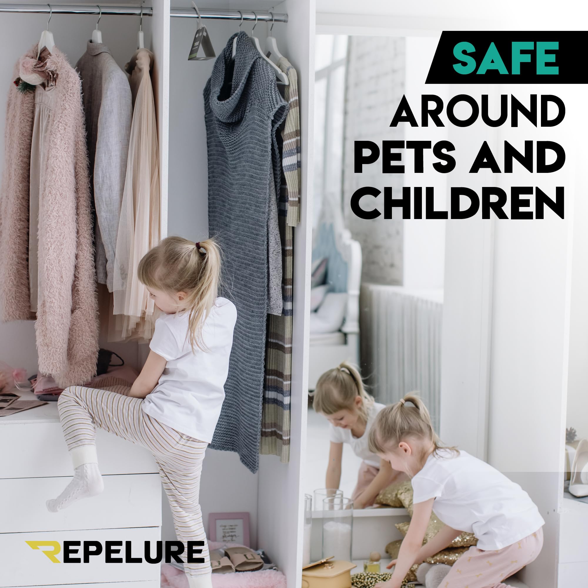 Repelure closet placement shows 2–3 traps on opposite sides for best coverage