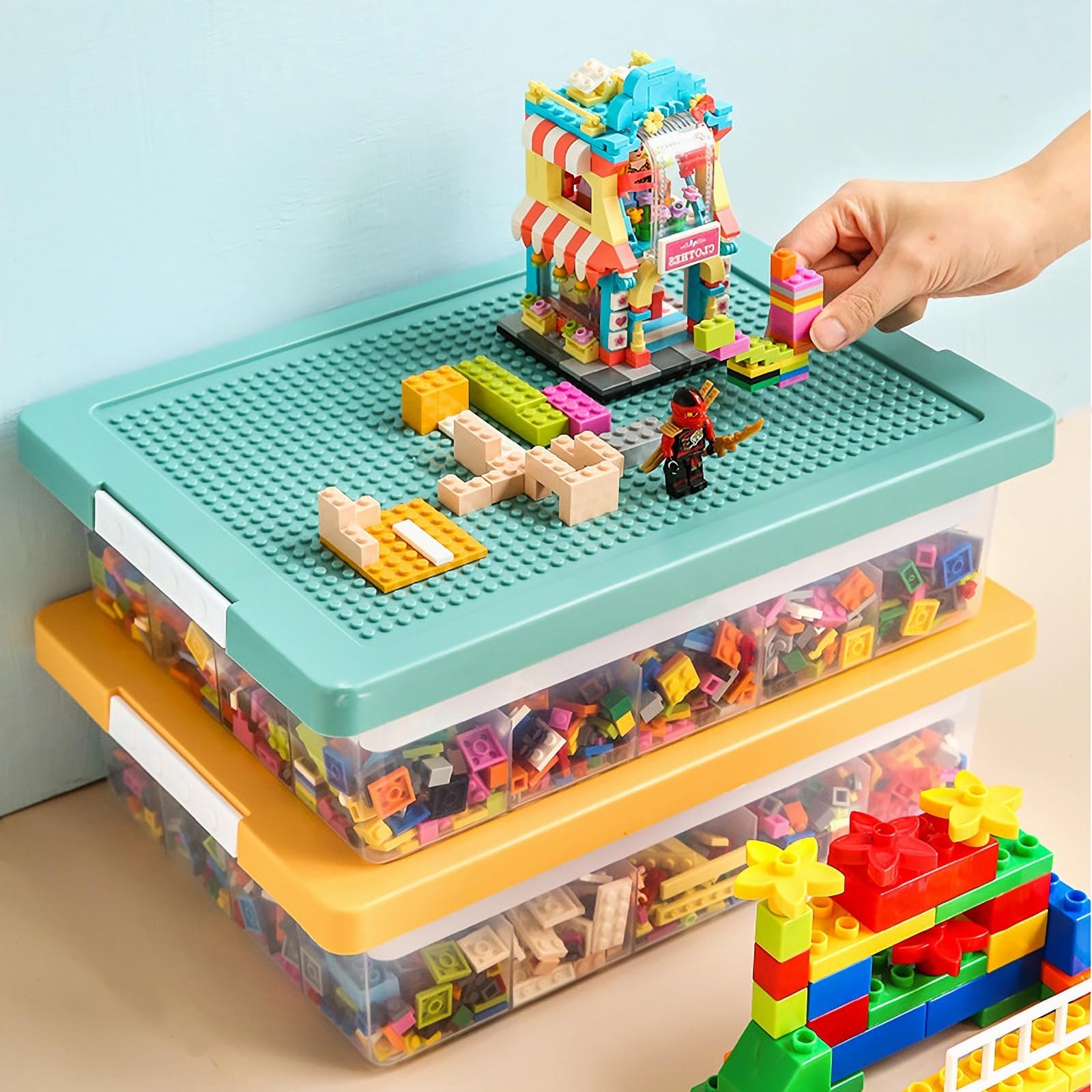 REPOSEX toys storage box with baseplate lid for LEGO bricks organization.