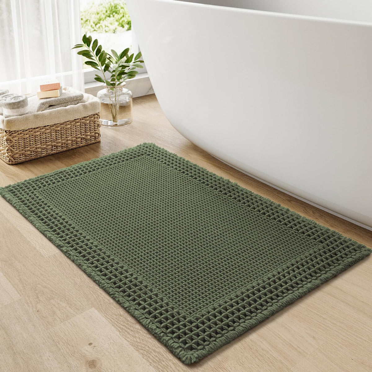 RESARE Christmas waffle bath mat with tassels adds cozy texture to the bathroom.