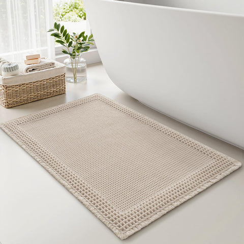 RESARE waffle bath mat close-up showing tassels and waffle texture for stylish decor.