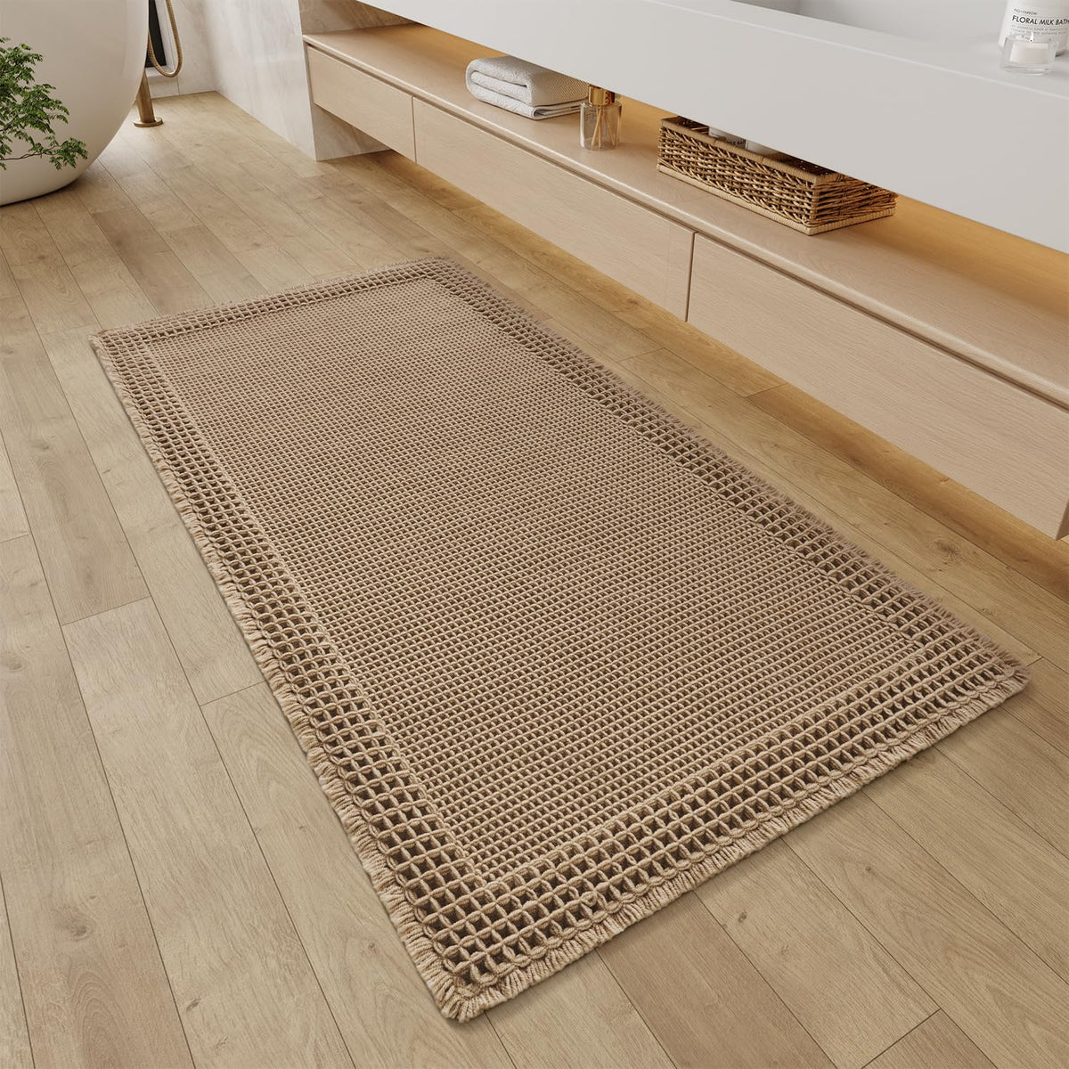 RESARE waffle bath rug tassels adds boho flair and cozy texture to your bathroom.