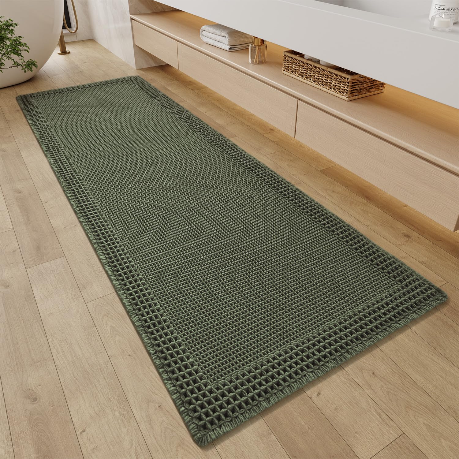 RESARE waffle bath rug with texture tassels adds boho style and foot cushioning