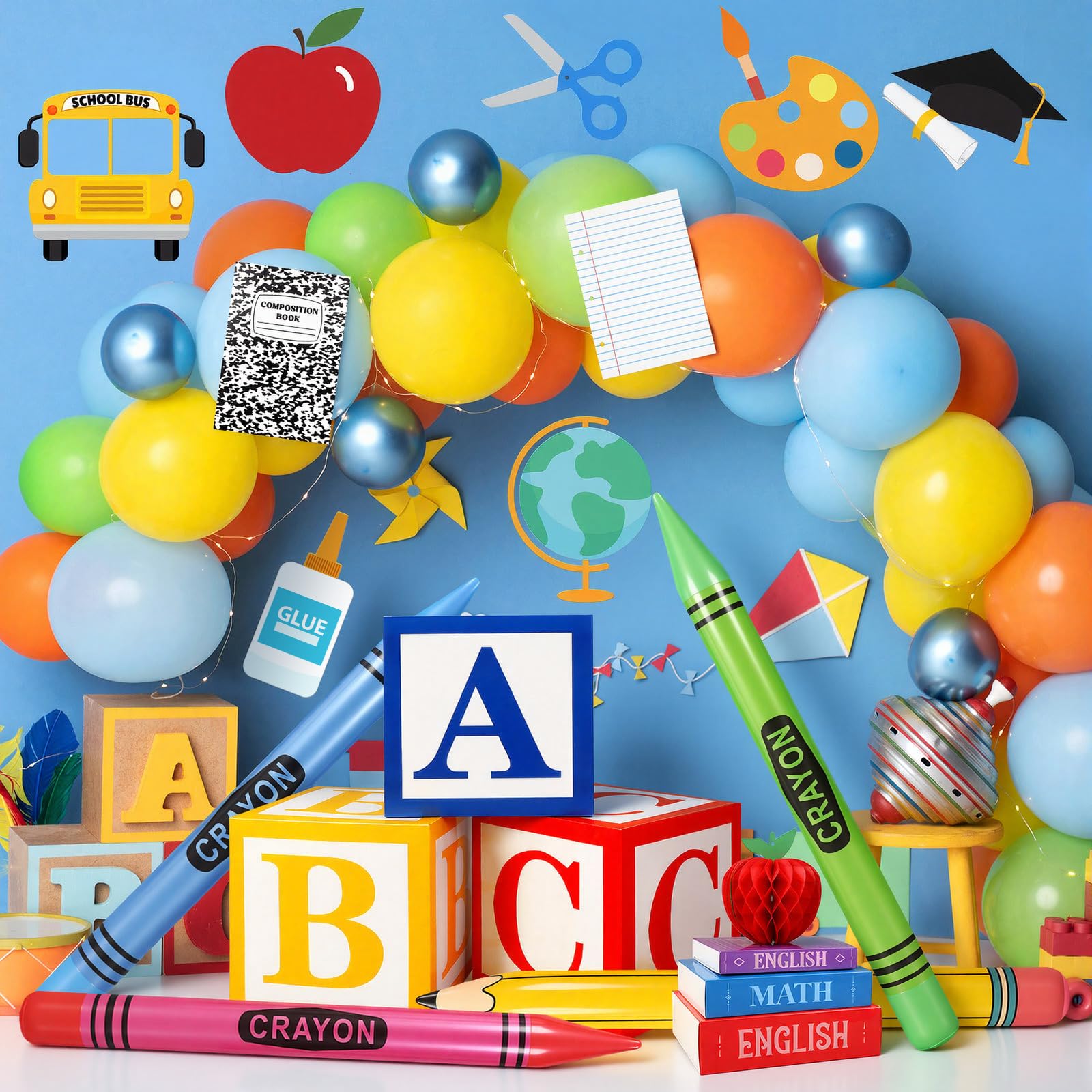 Resholder inflatable crayons pair with pencils for a colorful party scene