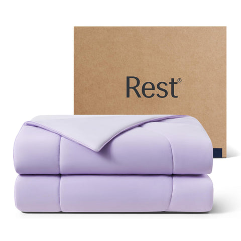REST Evercool cooling comforter Lavender Breeze close-up shows soft, breathable fabric for all-season comfort.