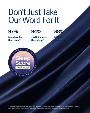 REST Evercool draped on midnight blue bed adds cozy feel