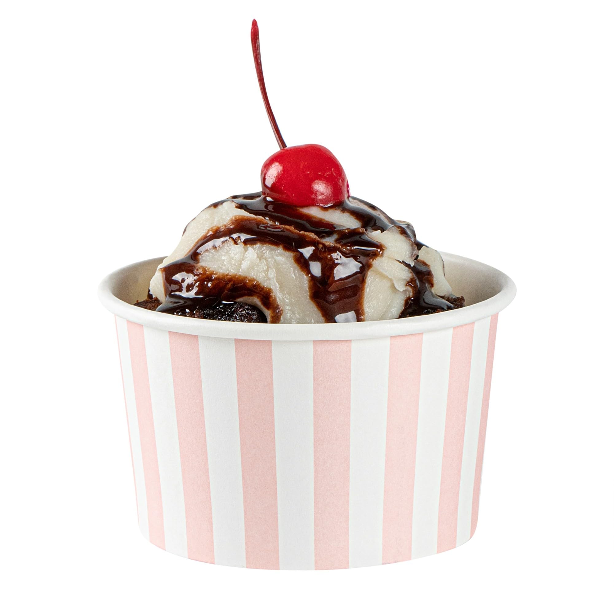 Restaurantware Coppetta 5oz dessert cup with pink white stripe for cold treats.