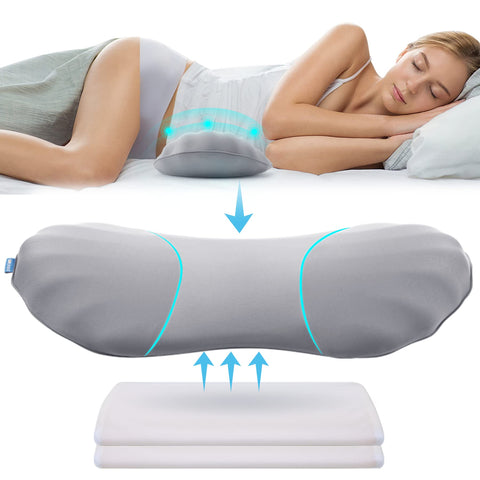 RESTCLOUD adjustable lumbar pillow on bed supports side sleeping with enhanced lower back comfort.