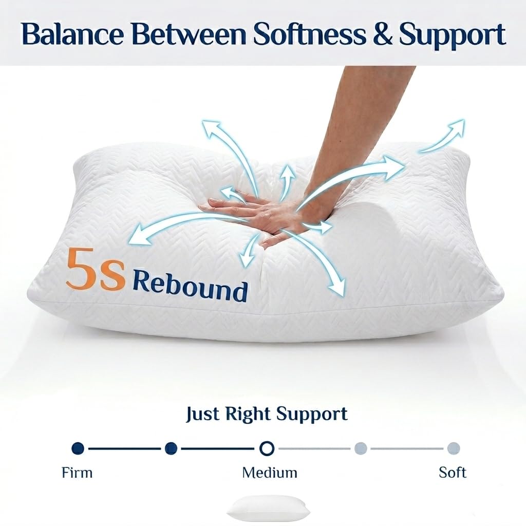 RESTOVIA Bed Pillow side view highlights balanced loft for side sleepers.