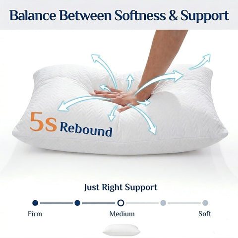 RESTOVIA Bed Pillow side view highlights balanced loft for side sleepers.