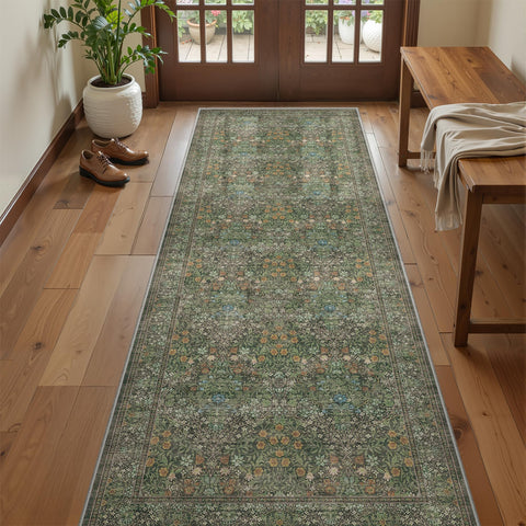 Restydon Moynesa green floral runner for entryways offers color and durable length.