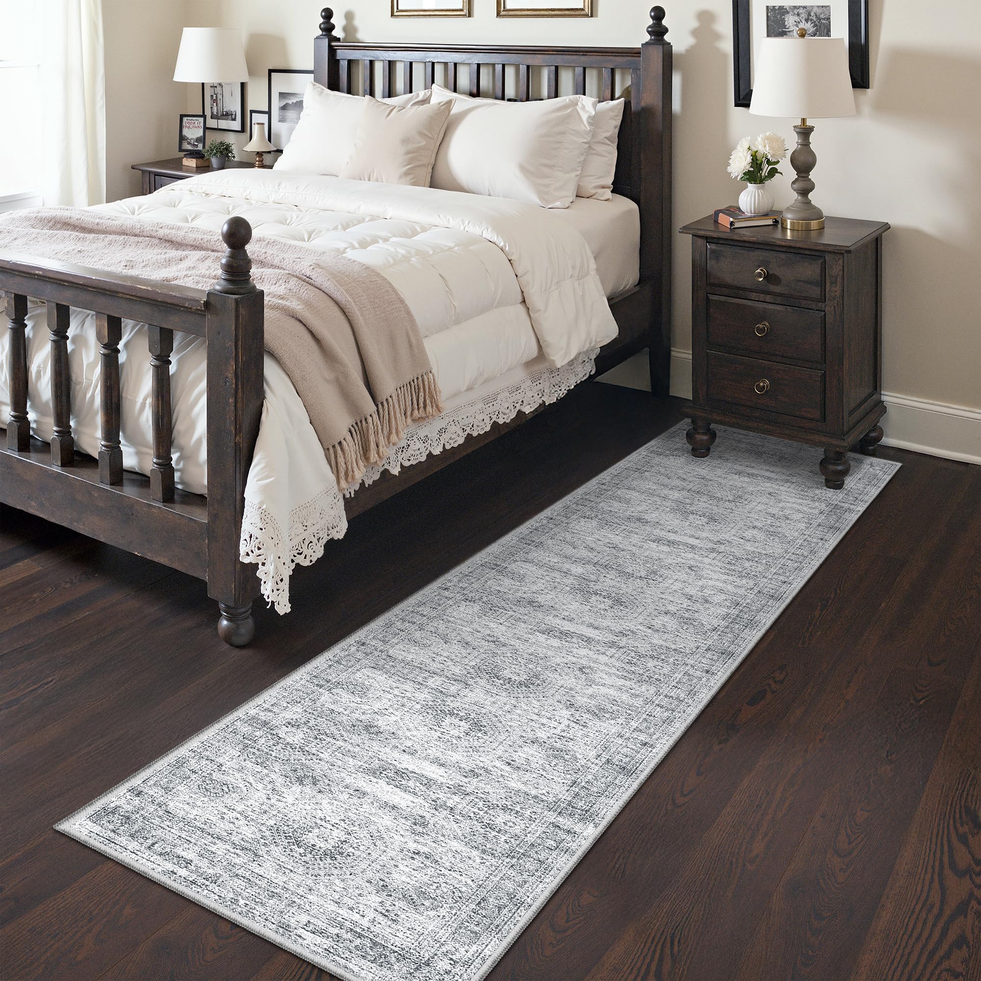 Restydon Rug Runner grey ivory pattern enhances hallway decor with vintage charm.