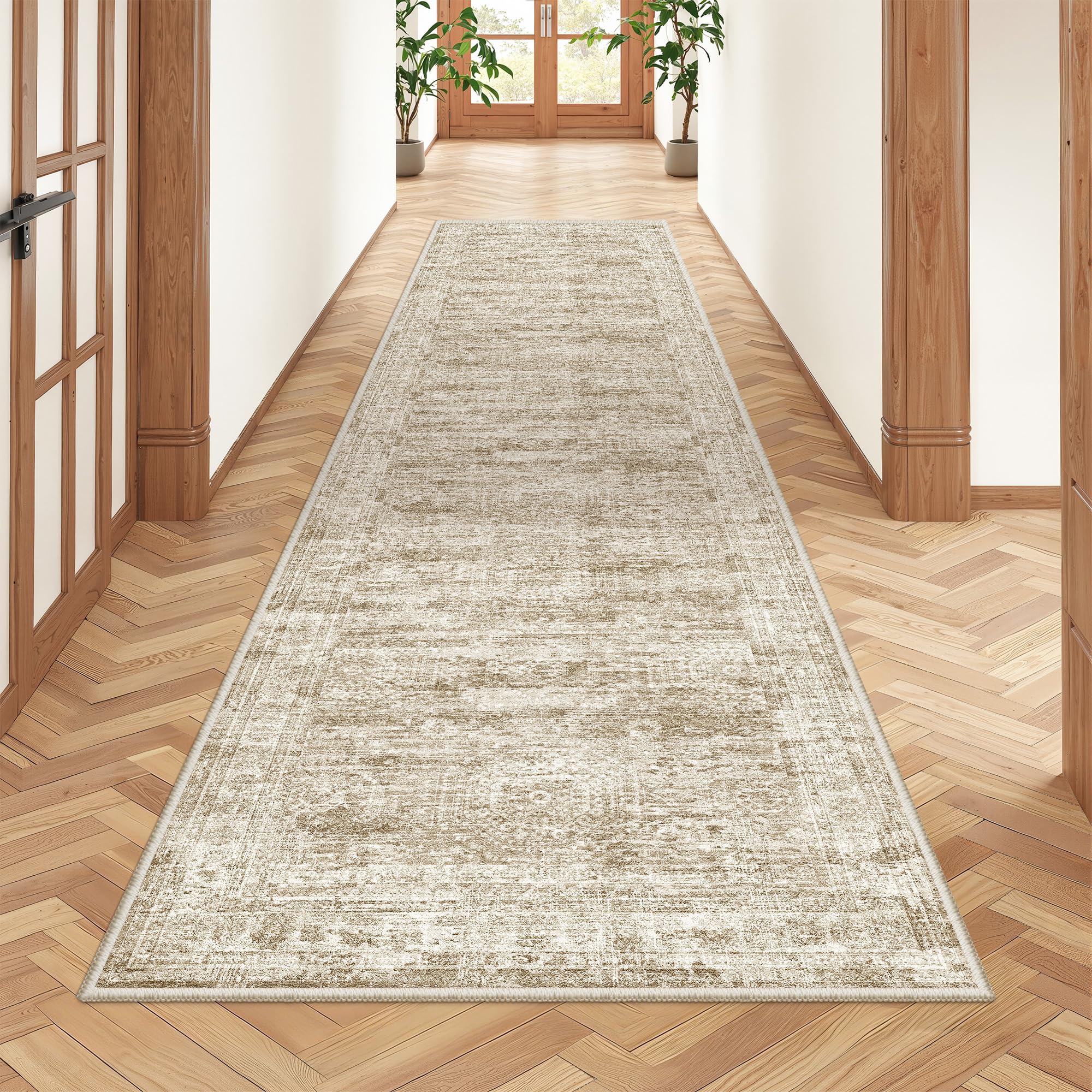 Restydon rug runner front view with warm brown and ivory pattern for hallway ambiance