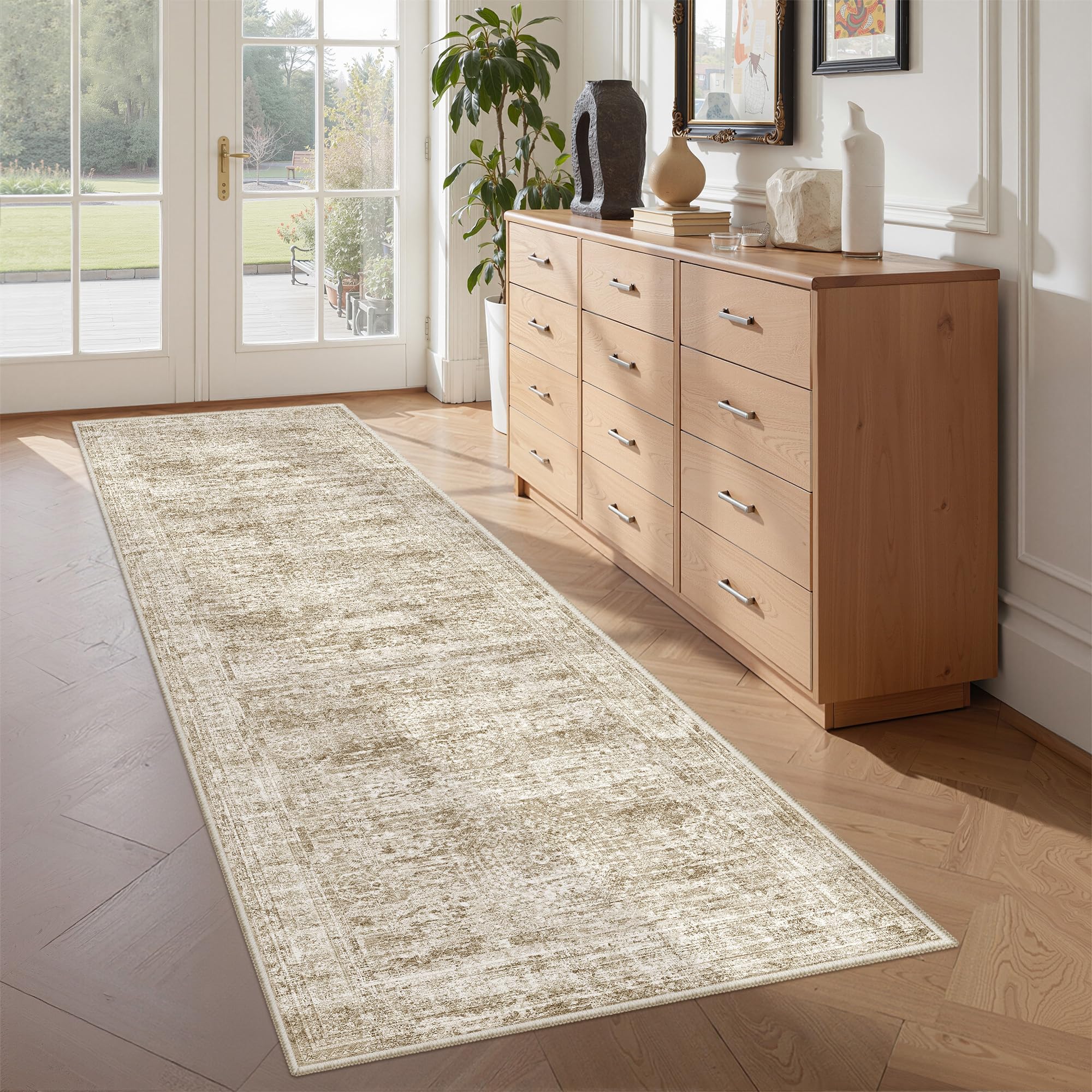 Restydon entryway brown ivory runner with non-slip backing for daily use.