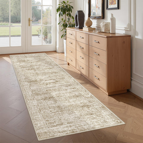 Restydon entryway brown ivory runner with non-slip backing for daily use.