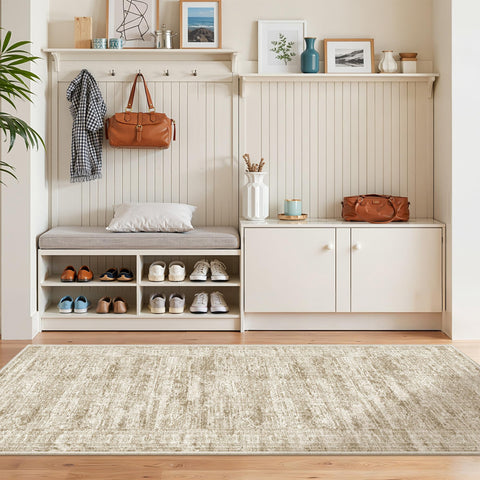 Restydon kitchen runner brown ivory with abstract pattern for busy spaces.