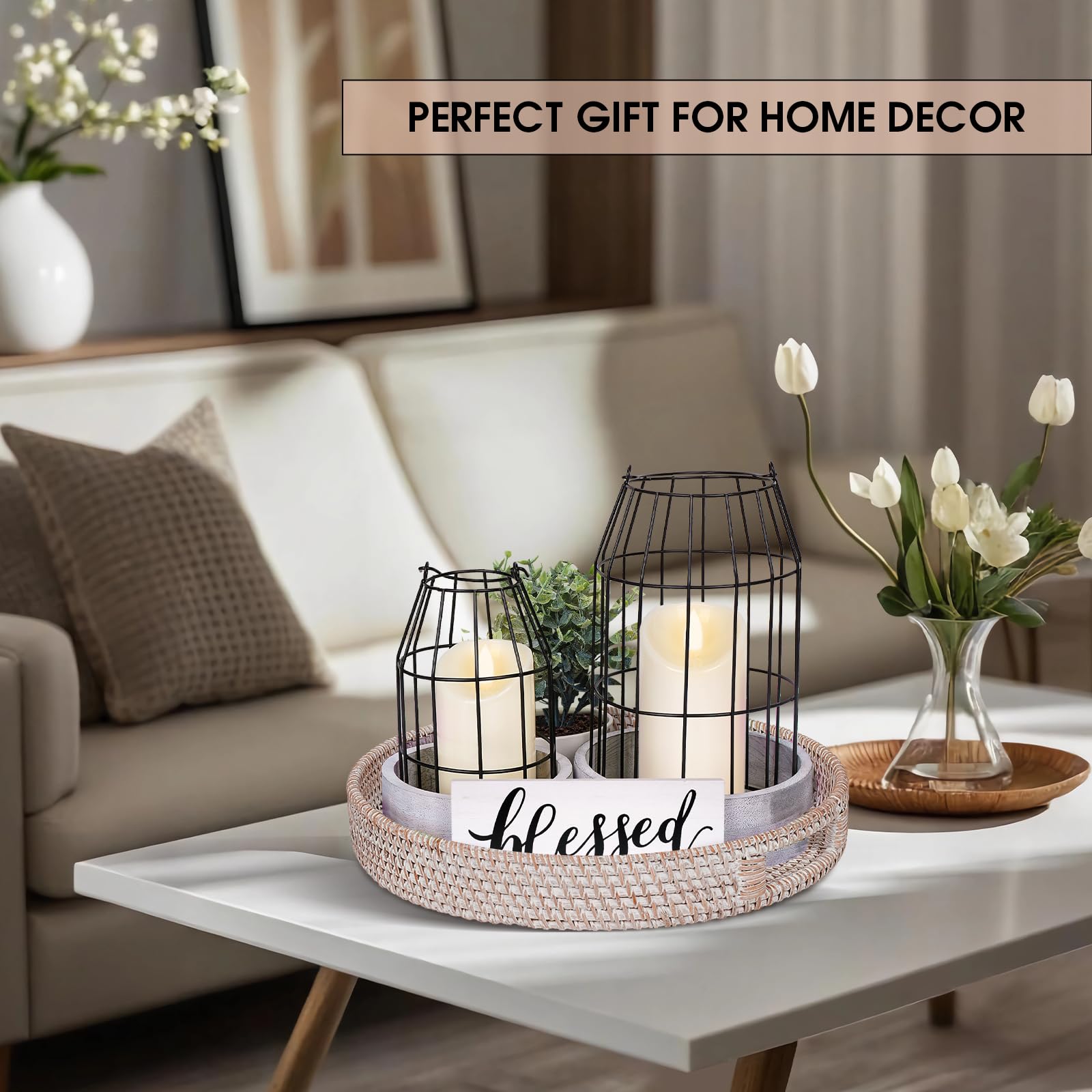 Retroramon round rattan tray provides a natural base for multi‑item displays.