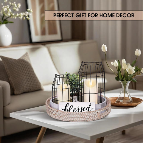 Retroramon round rattan tray provides a natural base for multi‑item displays.