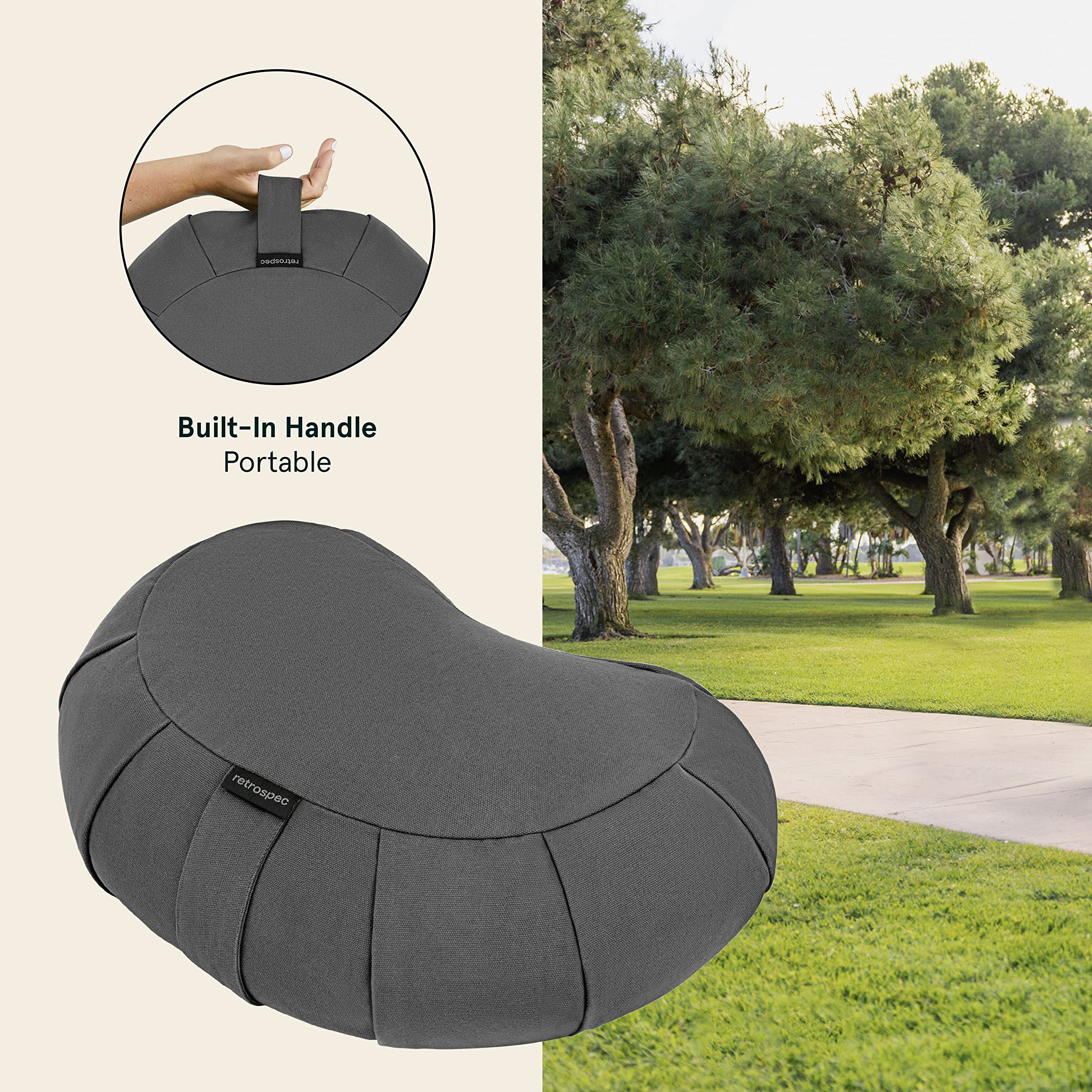 Sedona Zafu 17-inch crescent cotton cover shown for durability and washability.