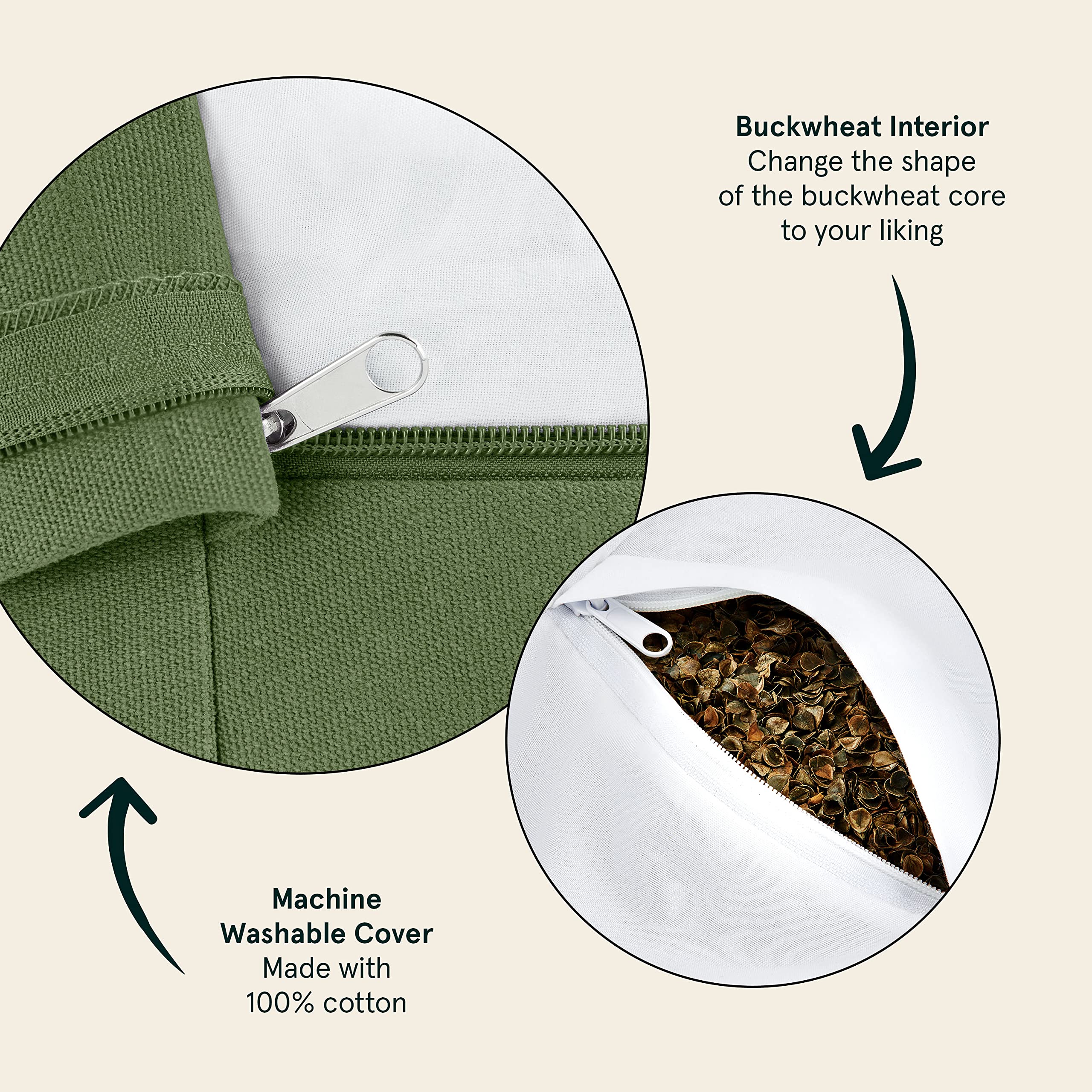 Buckwheat filling detail of Retrospec Sedona Zafu, highlighting customizable support for sitting meditation.