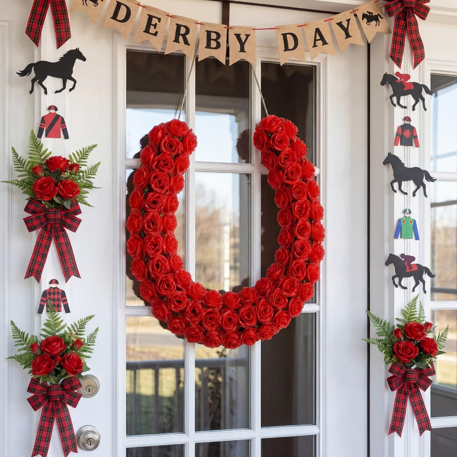Retrowavy horseshoe wall decor captures derby energy for parties.