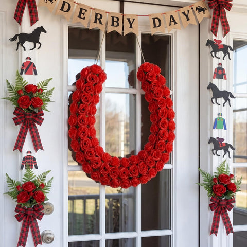 Retrowavy horseshoe wall decor captures derby energy for parties.