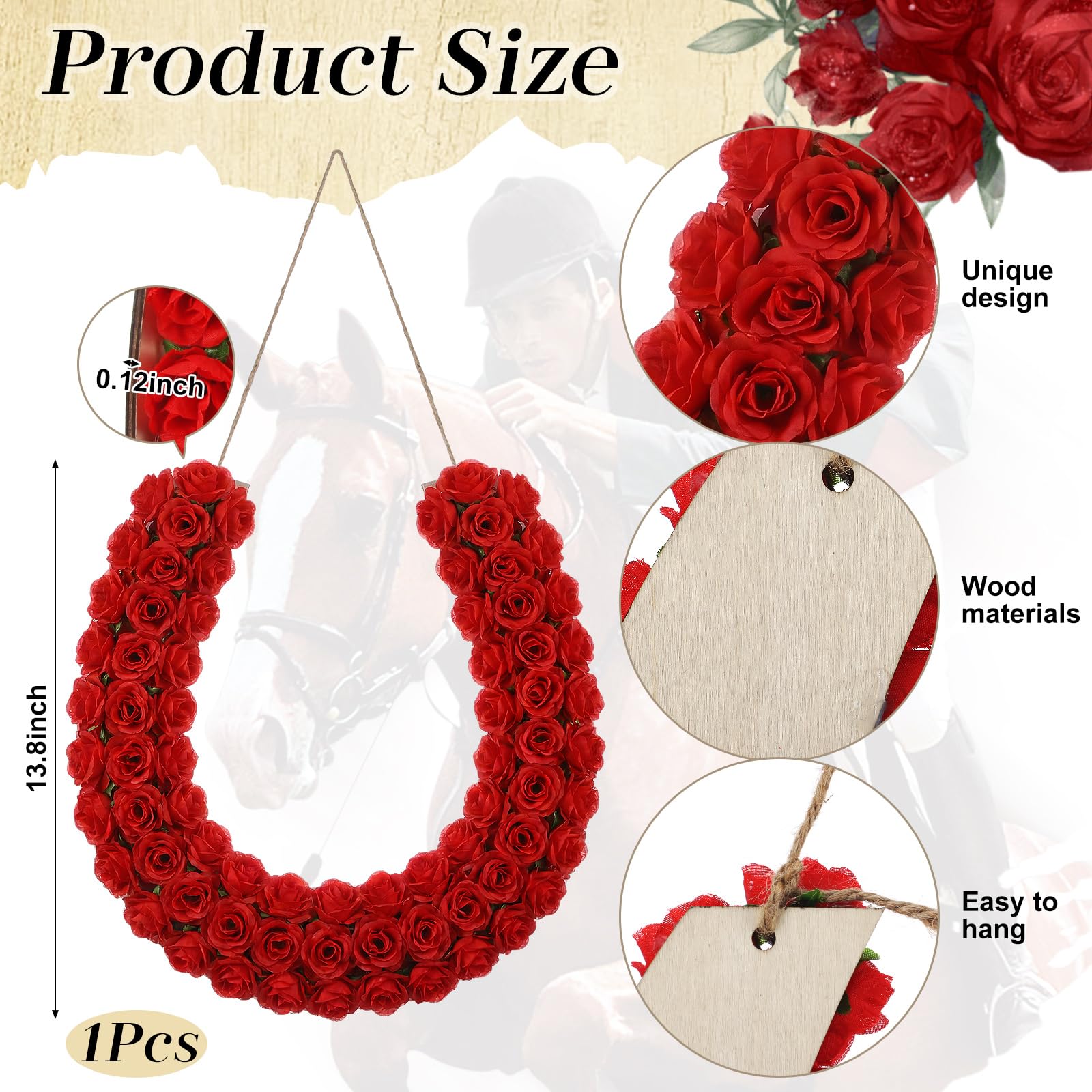 Retrowavy derby wall decor featuring red fabric roses for lively celebrations.