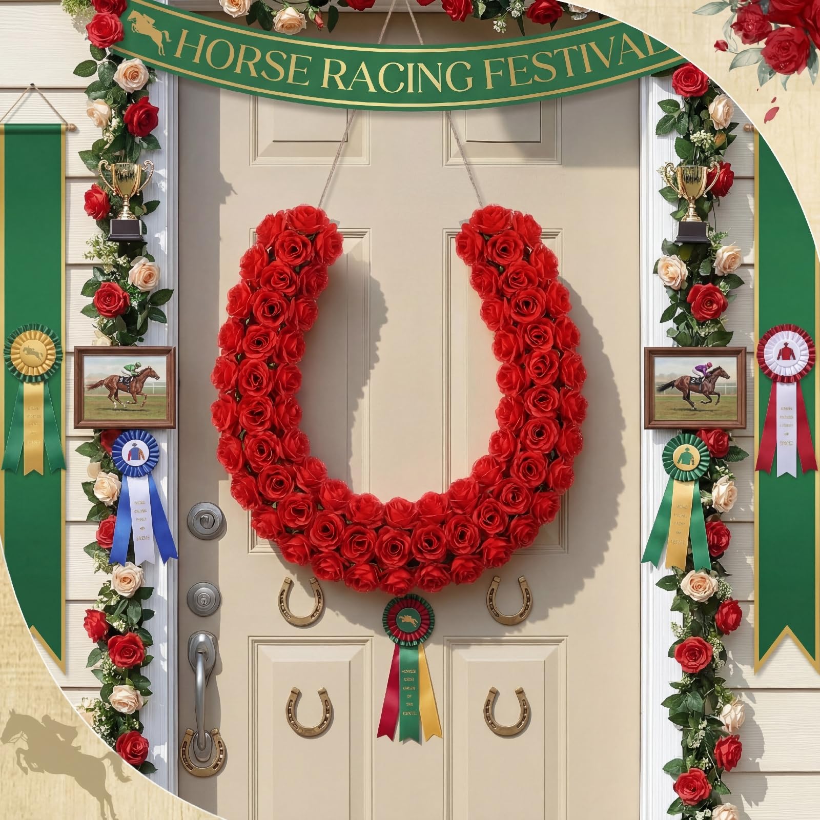 Retrowavy rose derby door wreath adds elegance to doorways.