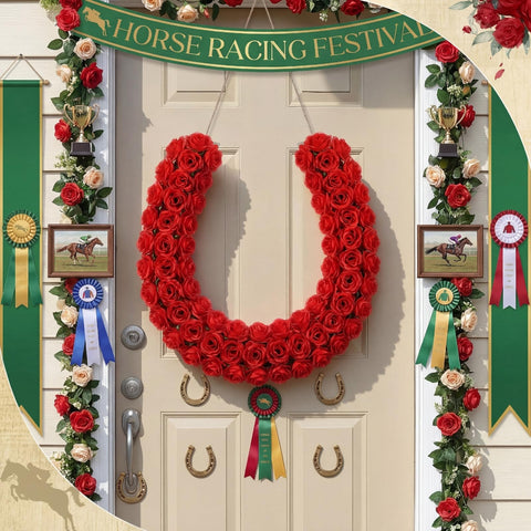 Retrowavy rose derby door wreath adds elegance to doorways.