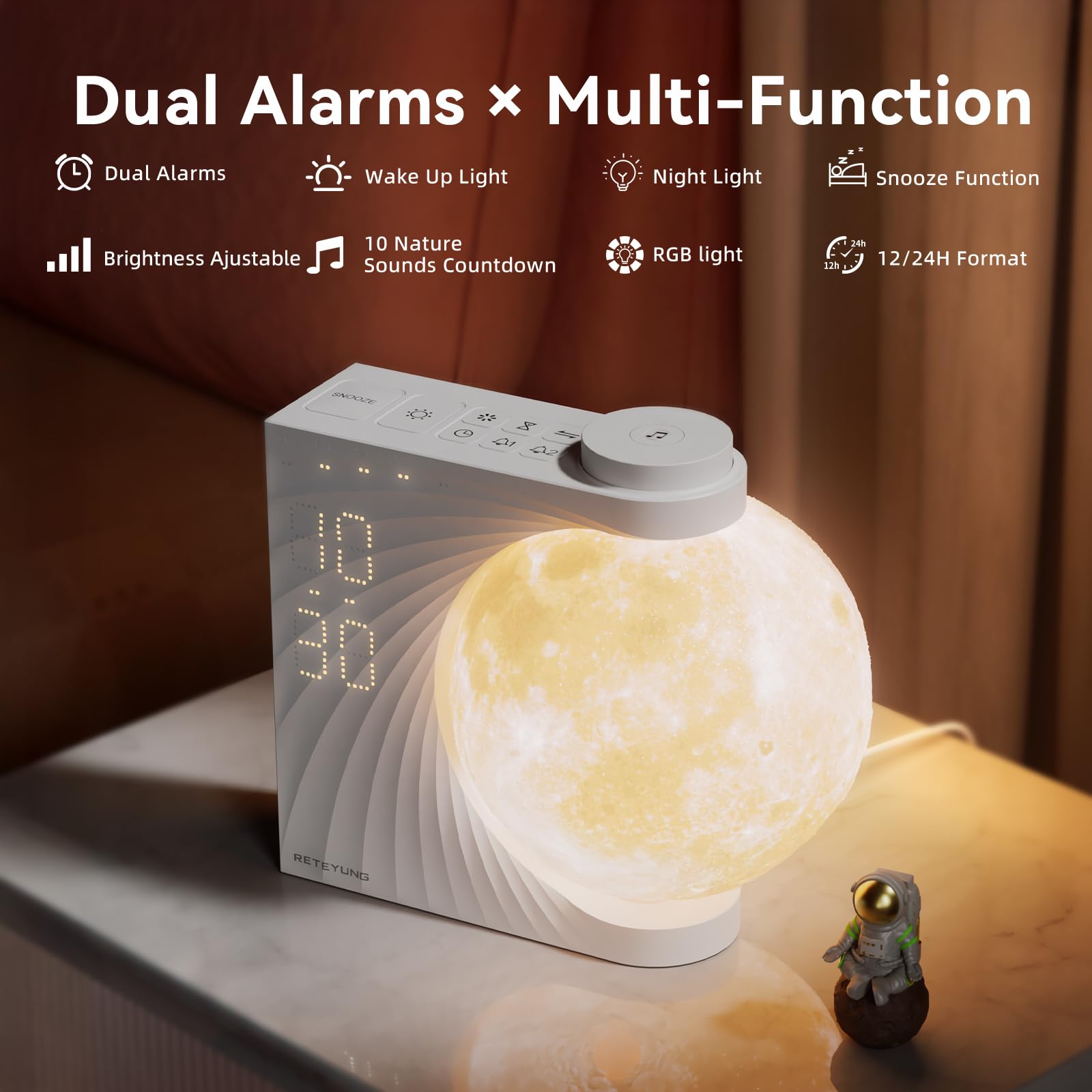 RETEYUNG Sunrise alarm clock displays 10 light effects for customizable ambience