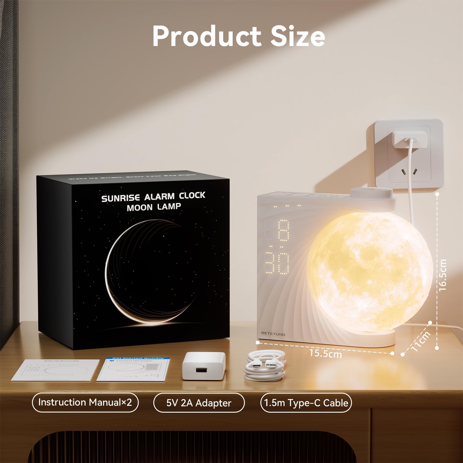 RETEYUNG Sunrise alarm clock moon light mode emits ambient glow for nighttime comfort