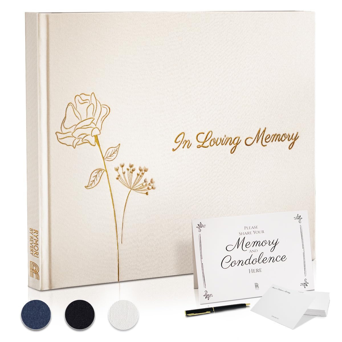Revery funeral guest book cover in charcoal linen for a dignified memorial presentation.