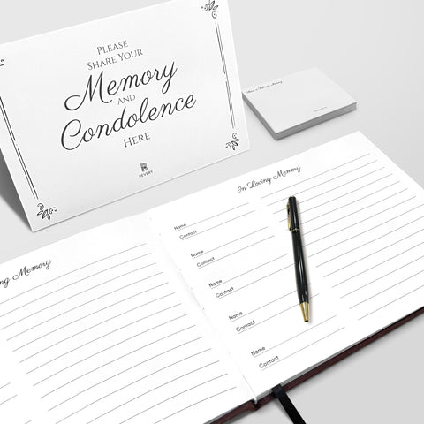 Revery guest book detail with white roses and dandelions for a peaceful tribute.