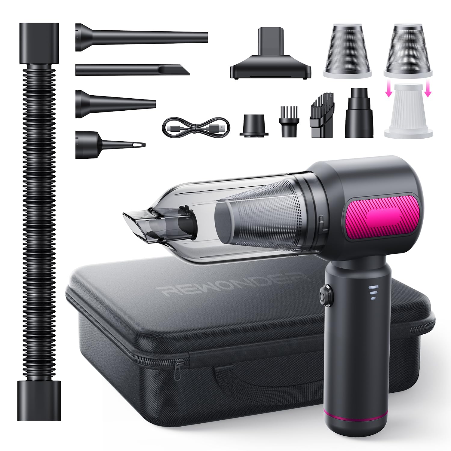 REWONDER handheld car vacuum cleaner with strong suction for deep cleaning on seats and mats.