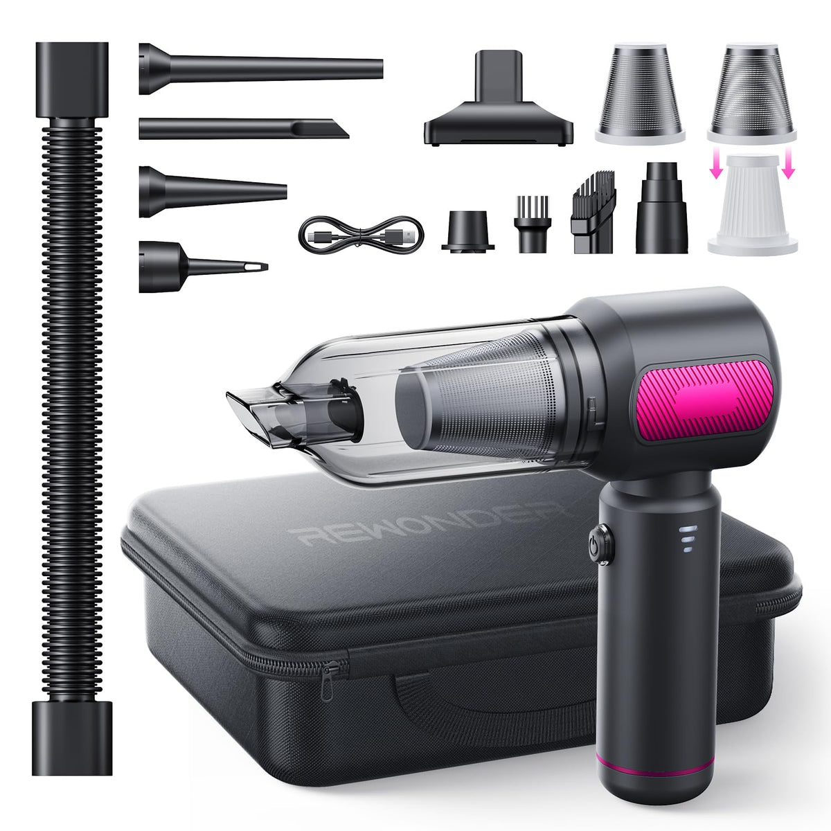 REWONDER handheld car vacuum cleaner with strong suction for deep cleaning on seats and mats.