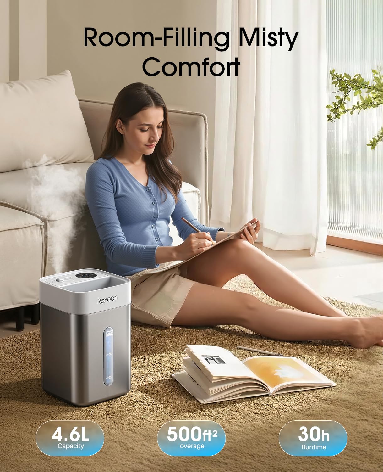 Rexoon room coverage up to 500 sq ft supports whole-room humidity