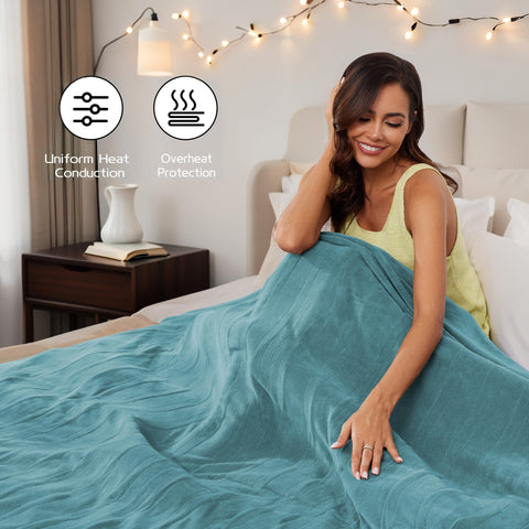 Teal ReyyNio blanket draped over a couch