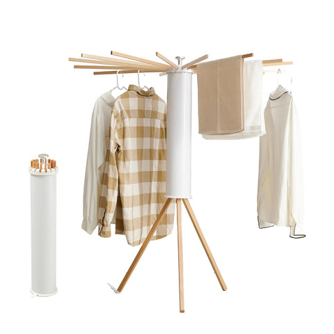 RFOUO tripod drying rack assembled, highlighting the sturdy 16-rod frame for towels and garments.