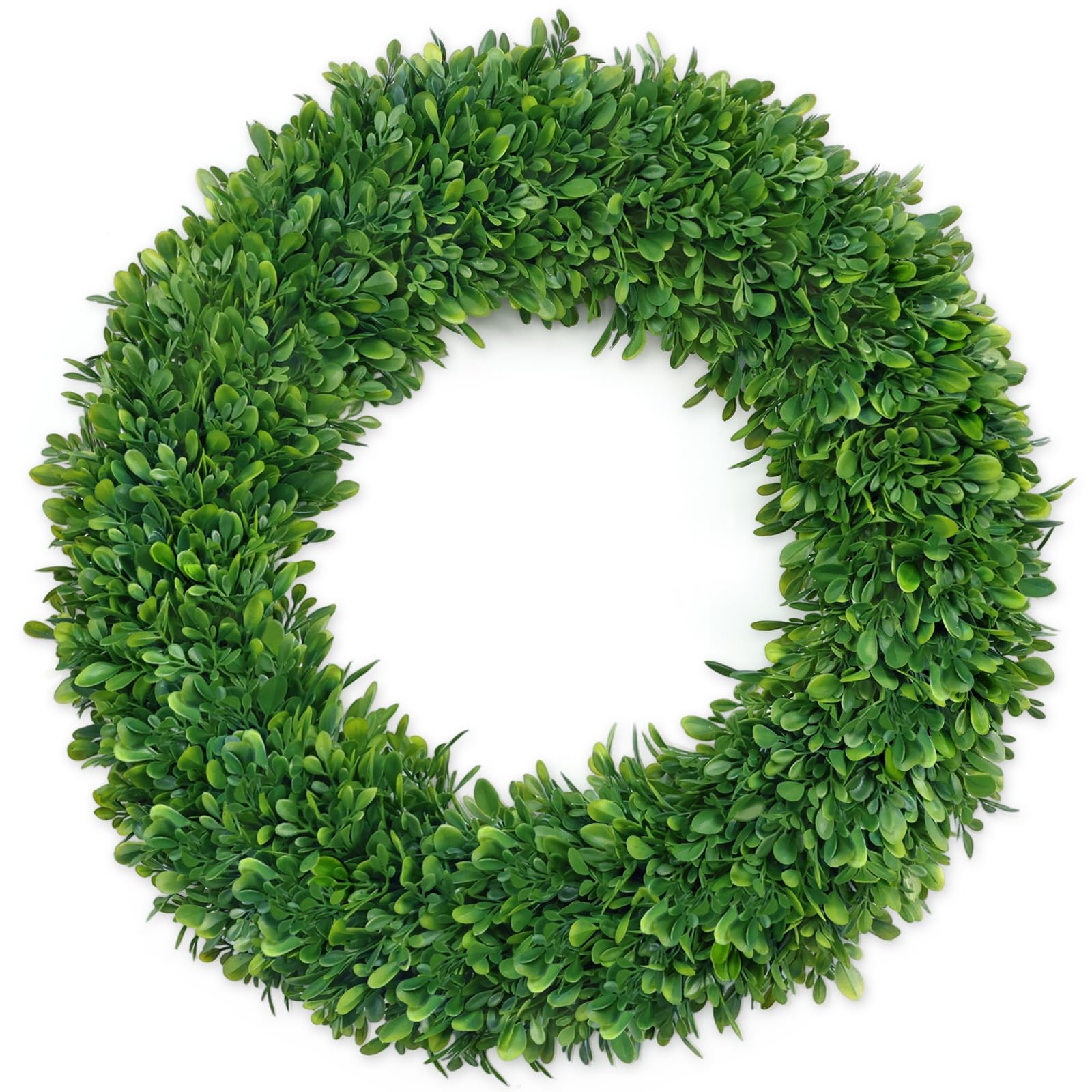 RHTRJ 22-inch boxwood wreath on the front door for welcoming curb appeal.
