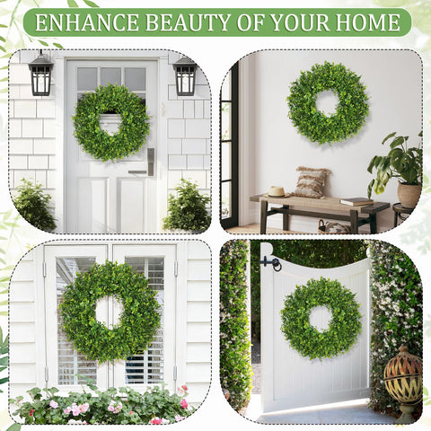 RHTRJ outdoor wall wreath brightens patio with green foliage.