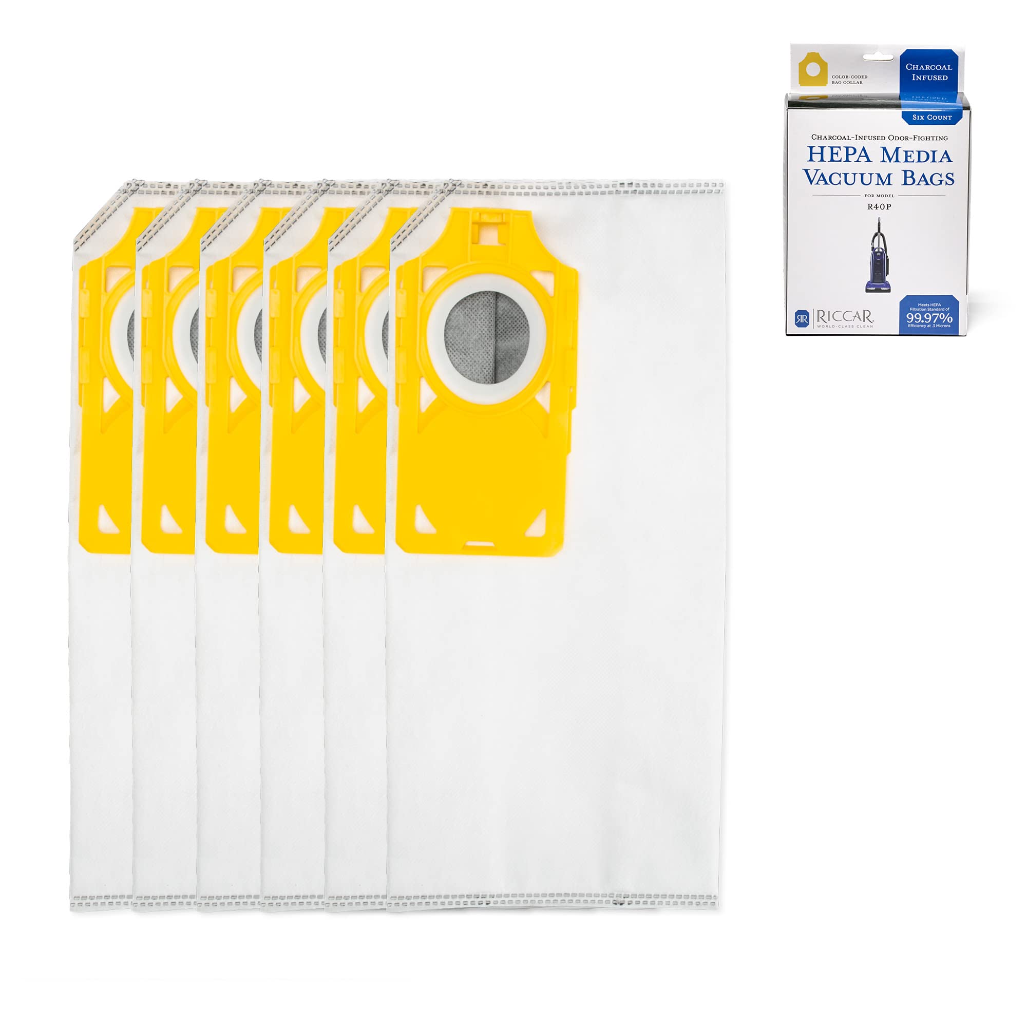 Riccar R40P HEPA bag in a six-pack with charcoal infusion for odor control.