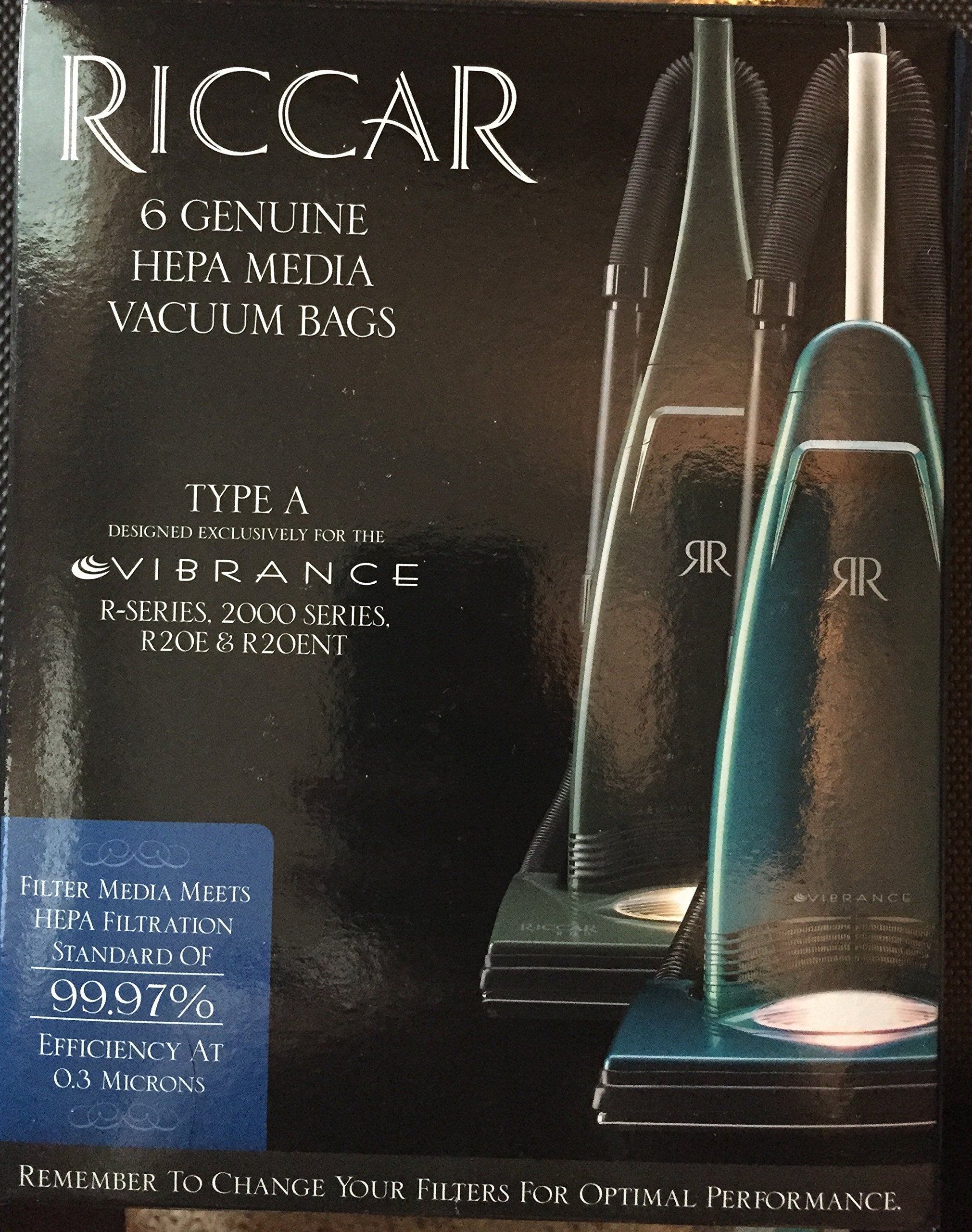 Riccar RAH-6 HEPA bags pack compatible with Vibrance and R-series uprights for improved filtration.
