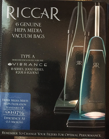 Riccar RAH-6 HEPA bags pack compatible with Vibrance and R-series uprights for improved filtration.