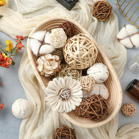 Brown wicker spheres by Riceshoot, versatile for vase and tray decorations.