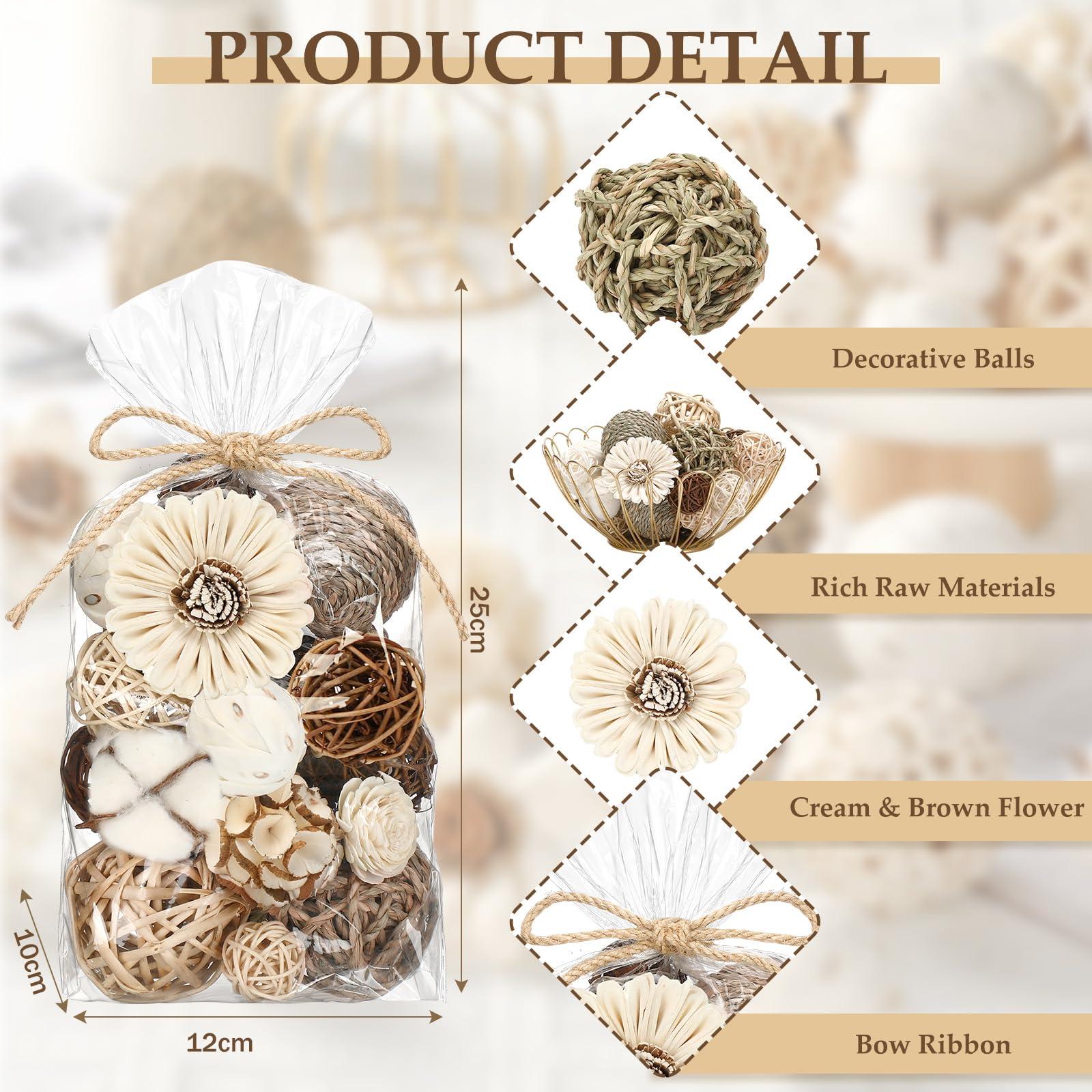 Riceshoot cotton flower accents with rattan spheres add rustic charm.